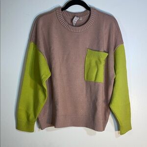 Dolan x Anthropologie Colorblock Sweater L Taupe Lime Green Pocket Crewneck Knit